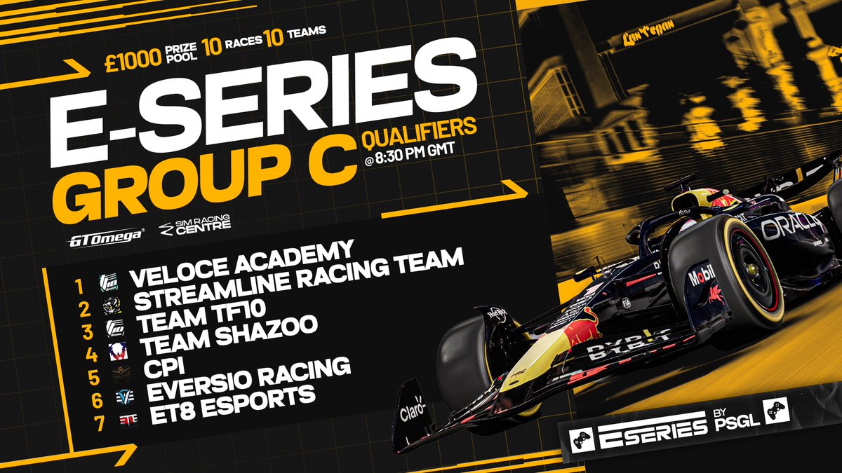 PremierSimGL's tweet photo. And finally our final group... 🙌

@VeloceAcademy 
@TeamTF10 
@TeamShazoo 
@CPI_Esports 
@ET8eSports 

SRT &amp; Eversio Racing will not take part

#PSGLxESeries https://t.co/2oNkYlprM3