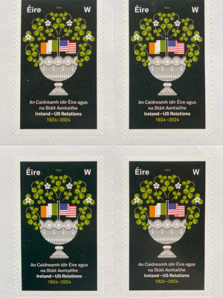 IrelandAmbUSA's tweet photo. Heartening to find these beautifully designed stamps from An Post marking the Centenary of Irish-US relations. They symbolise not only our shared history but the enduring friendship, spirit, and hope that bind our nations. May they travel the world carrying our story forward 🇮🇪🇺🇸 https://t.co/hAa5pGNUyd
