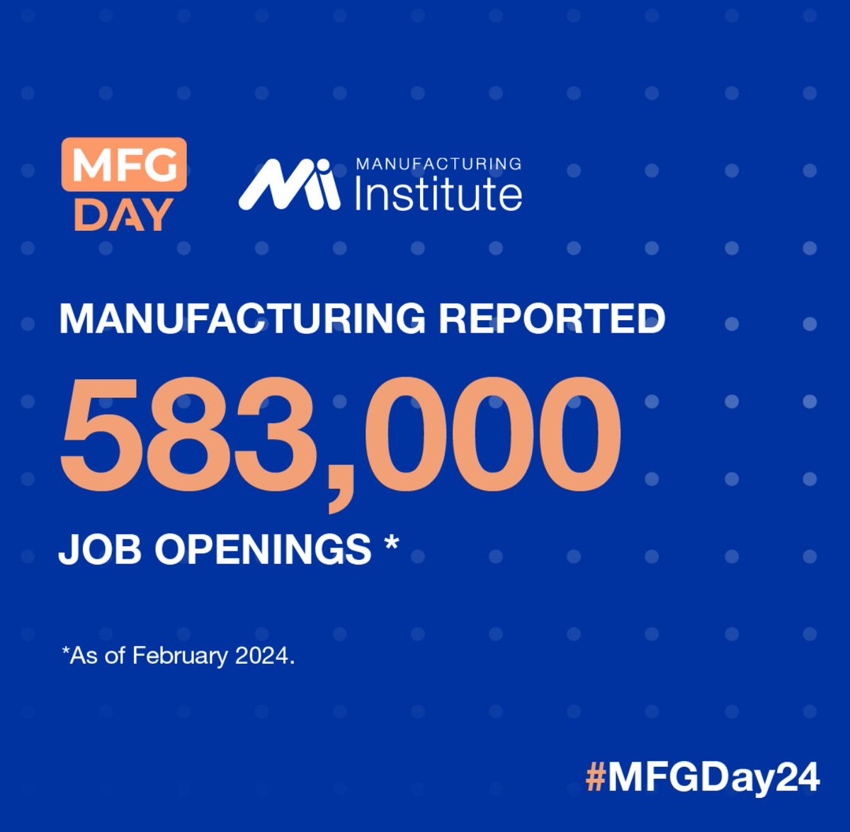 #ManufacturingMonth might officially be behind us, but our work continues. Over the next decade, 3.8 million manufacturing workers will need to be hired in the US. Our industry's collective effort to inspire future creators is critical. Let's get to work! #MFGDay24