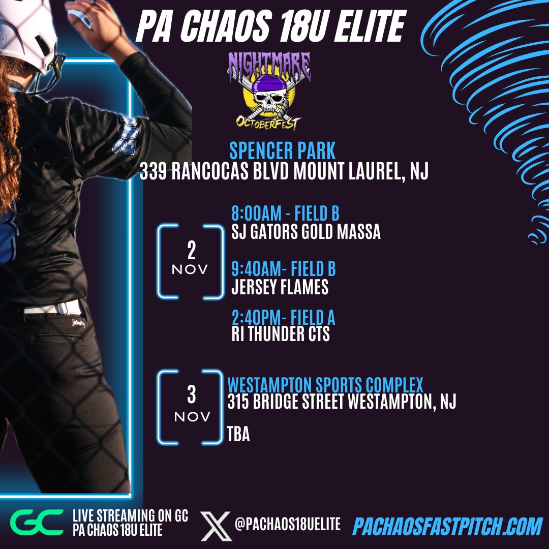 PA Chaos 18U Elite (@pachaos18uelite) on Twitter photo Schedule drop ⬇️⬇️⬇️ for <a href="/nightmarefp/">Nightmare Fastpitch</a> Octoberfest
Coaches: we have several uncommitted 25 and 26 athletes.
🥎2025: Power hitting 1B and versatile Utility Player who rakes
🥎2026: C (2), 2B, 3B, OF: A mix of power hitters, rock-solid defensive backstops, and elite speed! Schedule drop ⬇️⬇️⬇️ for <a href="/nightmarefp/">Nightmare Fastpitch</a> Octoberfest
Coaches: we have several uncommitted 25 and 26 athletes.
🥎2025: Power hitting 1B and versatile Utility Player who rakes
🥎2026: C (2), 2B, 3B, OF: A mix of power hitters, rock-solid defensive backstops, and elite speed!