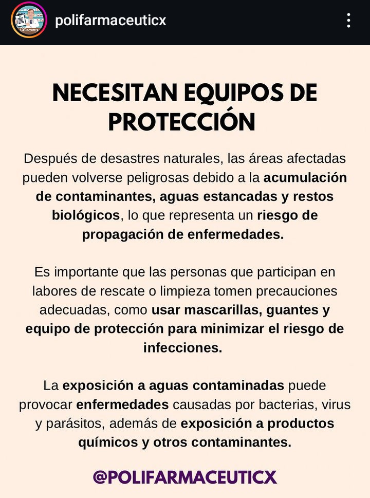 IMPORTANTE ⚠️🩺 ( difundid )

-soy estudiante de quinto de farmacia y os puedo confirmar que la acumulación de barro más material en descomposición 
es muy PELIGROSA  para la salud -

si vais a esas zonas id protegidos: no os olvidéis de llevar mascarillas, guantes etc 😷🧤