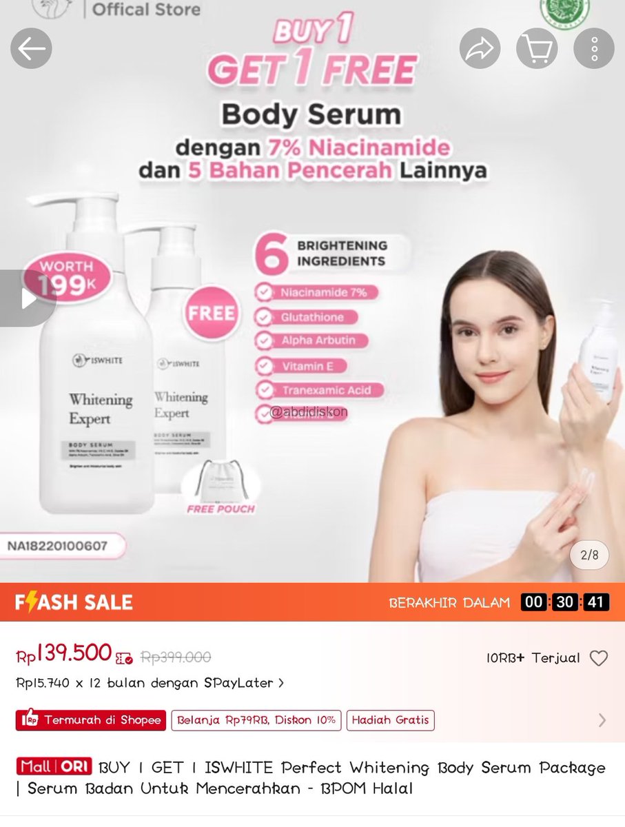 BUY 1 GET 1 ISWHITE Perfect Whitening Body Serum Package | Serum Badan Untuk Mencerahkan - BPOM Halal dengan harga Rp139.000. Dapatkan di Shopee sekarang! 
s.shopee.co.id/4VLFQBRKOH