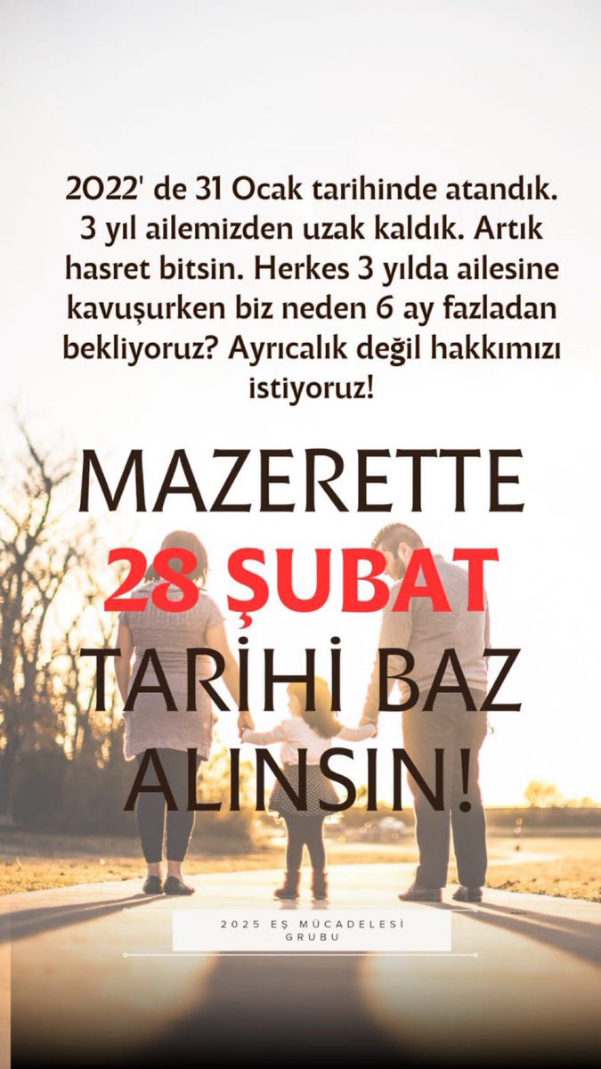 yarıyıl mazeret tayininde 28 Şubat baz alinsin istiyoruz
<a href="/tcmeb/">Millî Eğitim Bakanlığı</a> <a href="/Yusuf__Tekin/">Yusuf Tekin</a> 
<a href="/cftcblnt/">Bülent ÇİFTCİ</a> <a href="/_aliyalcin_/">Ali YALÇIN</a> <a href="/TalipGeylan06/">Talip Geylan</a> <a href="/talatyavuz29/">Talat YAVUZ</a> <a href="/kademozbay_/">Kadem Özbay</a> <a href="/egitimgucusen/">EĞİTİM GÜCÜ SEN</a>  <a href="/egitimis/">Eğitim-İş</a> <a href="/egitimajansi/">Eğitim Ajansı</a> <a href="/EgitimBirSen/">Eğitim-Bir-Sen</a> <a href="/EgitimBirSen/">Eğitim-Bir-Sen</a>
#MEBMazerette28Subat