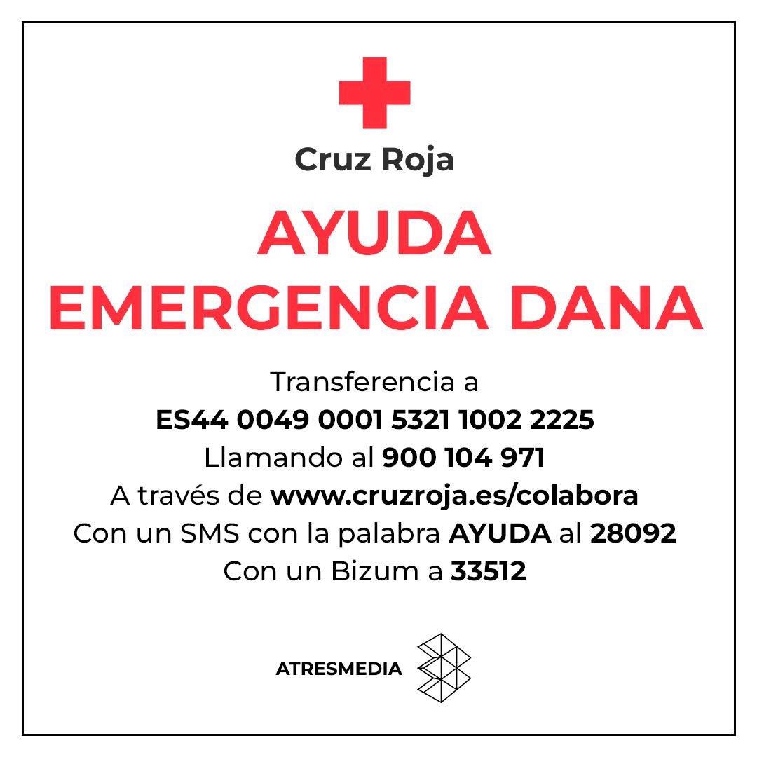 🔴 ATRESMEDIA colabora con <a href="/CruzRojaEsp/">Cruz Roja Española</a> para ayudar en el rescate y atención de las personas afectadas por las fuertes lluvias de los últimos días.

Estos son los canales de ayuda:

🔸 Transferencia a ES44 0049 0001 5321 1002 2225
🔸 Llamando al 900 104 971
🔸 A través de