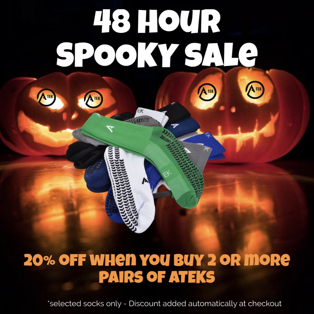 ‼️48 hour SPOOKY SALE‼️

Save 20% on all orders this weekend when you buy 2 or more pairs of ATEK Grips 

Discount added automatically at checkout 

atek.club

*selected socks only*