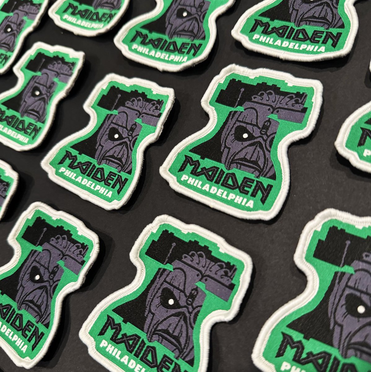 strongstufftom's tweet photo. anyone else catching IRON MAIDEN tonight in philadelphia? i created these custom woven patches to celebrate the occasion. if you happen to see me tonight, yell at me and i’ll hook you up with one! https://t.co/ME663mgqOl