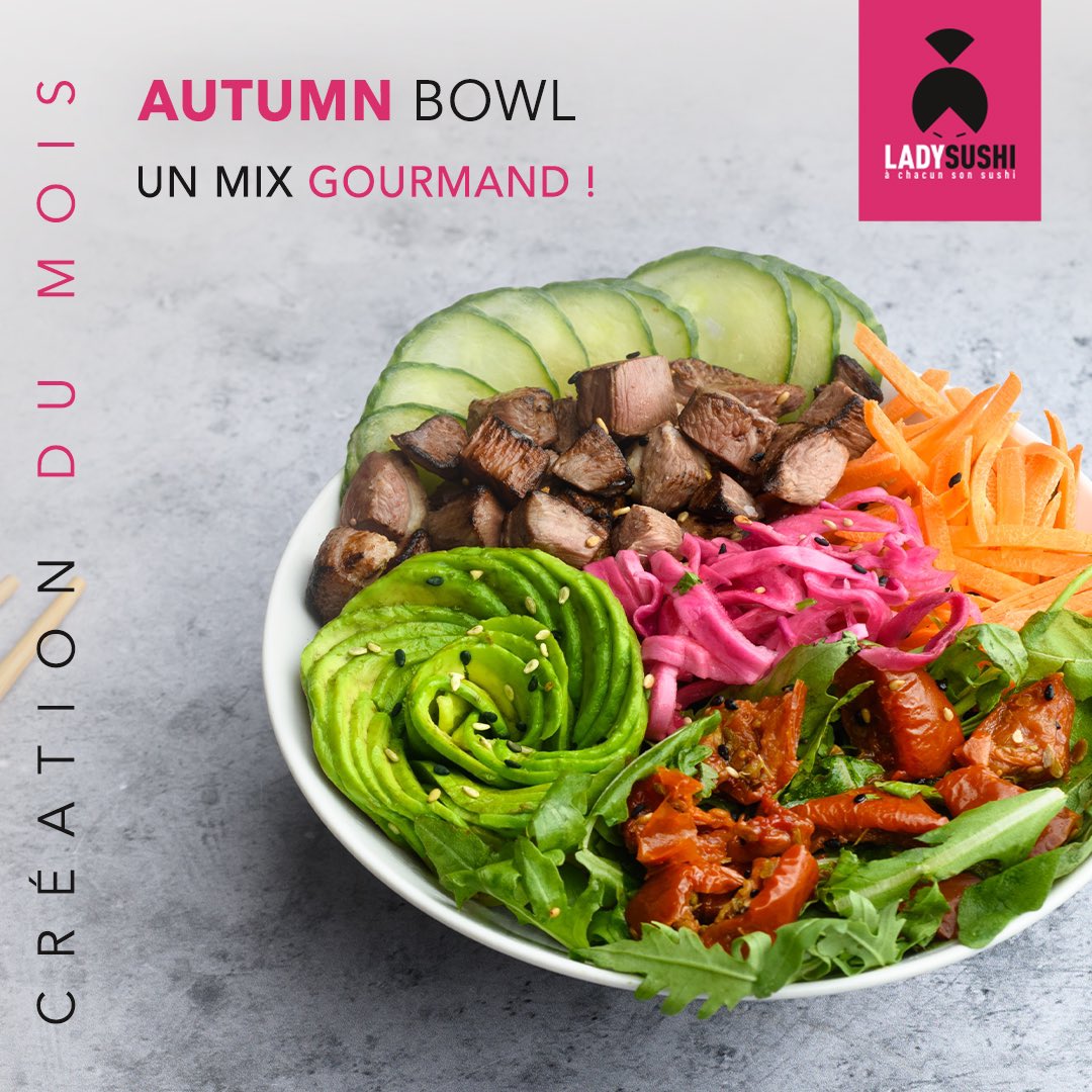 🍂 AUTUMN BOWL 🍂 

Savourez un délicieux mélange de #canard tataki et de #légumes frais, accompagné de #riz vinaigré et sublimé par notre sauce #ponzu ✨ 

Un mix #gourmand aux saveurs de l’automne ! 🍁 

👉 lady-sushi.fr