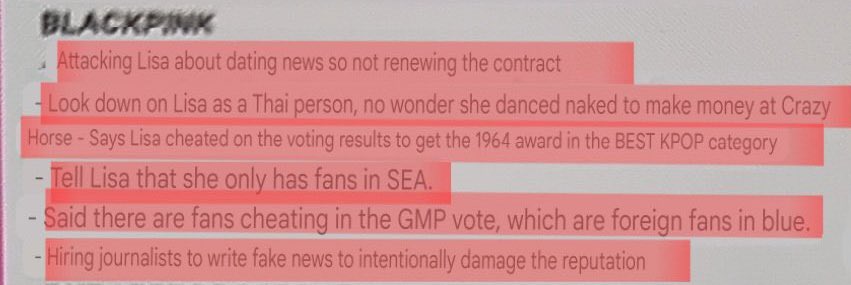 บอกลิซ่าเดทเลยไม่ต่อสัญญา บอกโกงโหวตเลยได้เบสเคปอป แฟนคลับมีแต่คนSEA บอกชีเป็นคนไทยไม่แปลกใจที่ไปเต้นคซฮเพื่อหาเงิน จ้างนักข่าวเขียนข่าวปลอมเพื่อทำลายชื่อเสียง ทั้งหมดนี้แม่งทำกับเด็กผู้หญิงคนนึงที่ไม่เคยทำอะไรไม่ดีไม่เคยมีข่าวเสียหาย โคตรระยำ

HYBE APOLOGIZE TO LISA