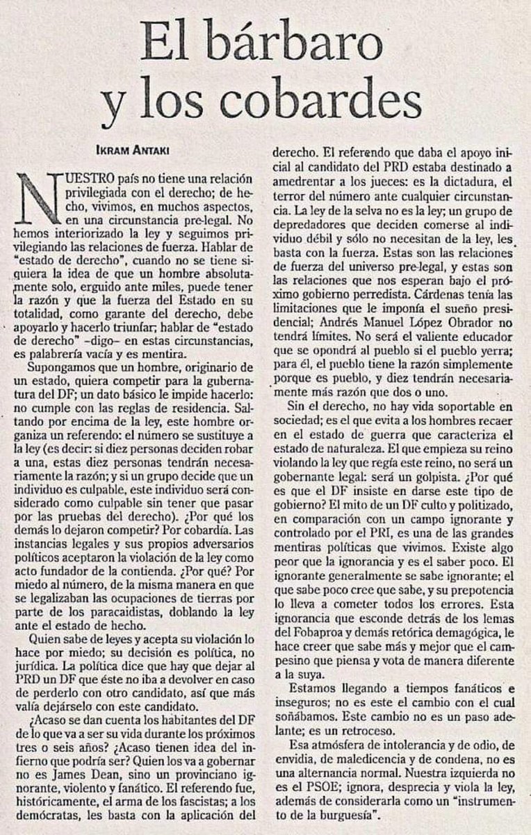 bianchi369's tweet photo. En este gran texto de 1999, Ikram Antaki predijo el futuro de México. Lo que surgió a partir del quebranto de la ley, al final nos ha llevada hasta la ignominia. Lo más triste, es que incluso en medio del caos, muchos siguen creyendo que este infierno es el paraíso. https://t.co/BVp29ZZdnS