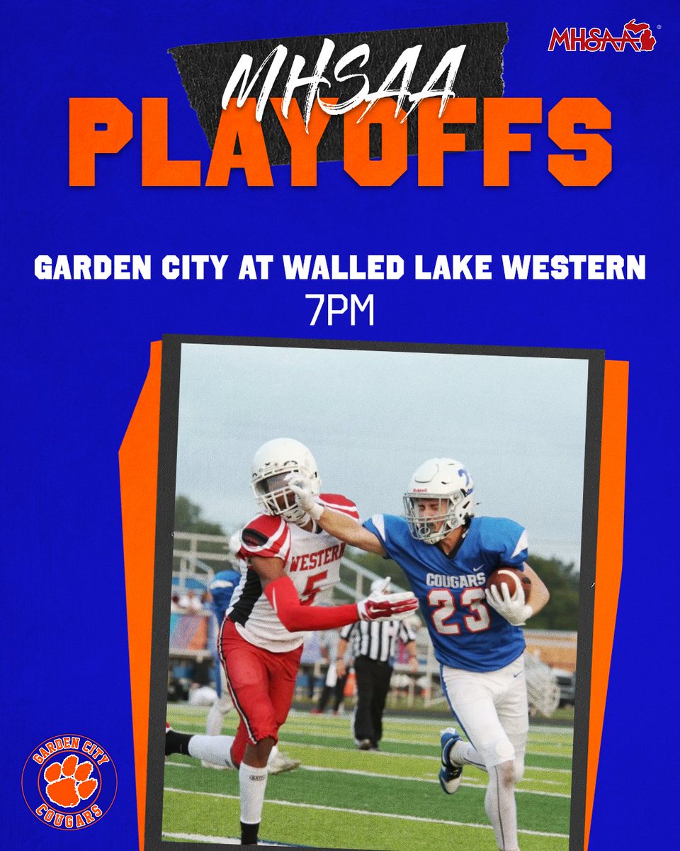 GCathleticdept's tweet photo. Your Garden City Cougars head to Walled Lake Western tonight to take on the undefeated Warriors.   Tickets can only be purchased online at:
https://t.co/M8tSyU3awr
Game time is 7pm. https://t.co/12K4eTevzq