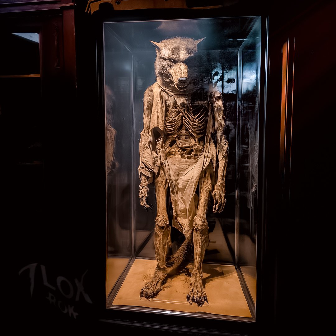 Great-uncle Wulfric, mummified remains encased in glass. Once a Victorian gentleman, cursed with lycanthropy, a terror and tragedy to our family. A silver bullet ended his suffering. Now he stands as a chilling reminder of our dark lineage #GothicFamily #Lycanthropy #DarkAncestry