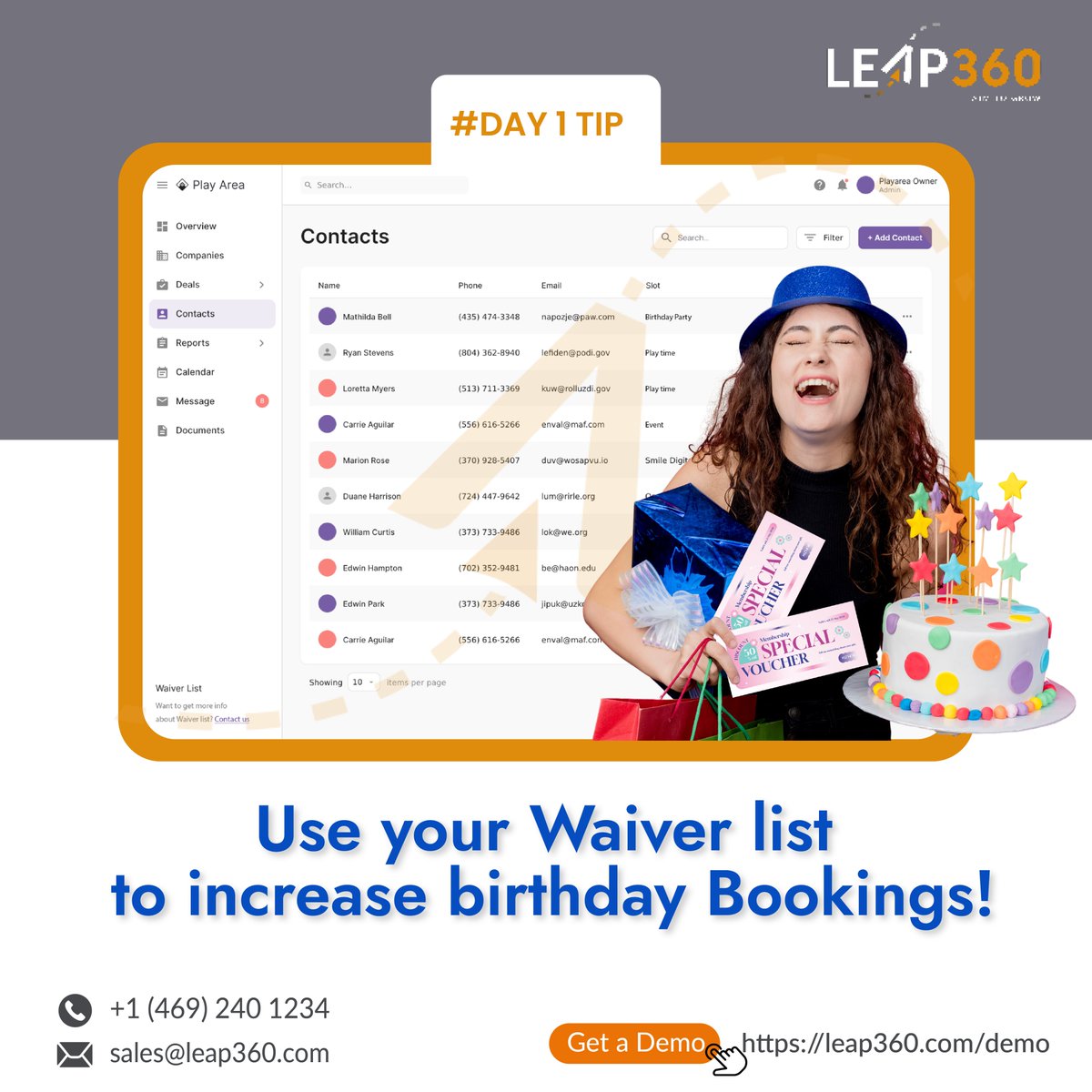 Leap360CRM's tweet photo. Day 1 Tip for Business Success!
Boost online bookings using your Waiver List! With LEAP360, set automated reminders for customers just before their big day.
Book a demo! https://t.co/zNQBsCEfLJ
#businesstips #onlinebookings #waiverdata #businesssuccess #tips #LEAP360 https://t.co/VTdbKGnB72