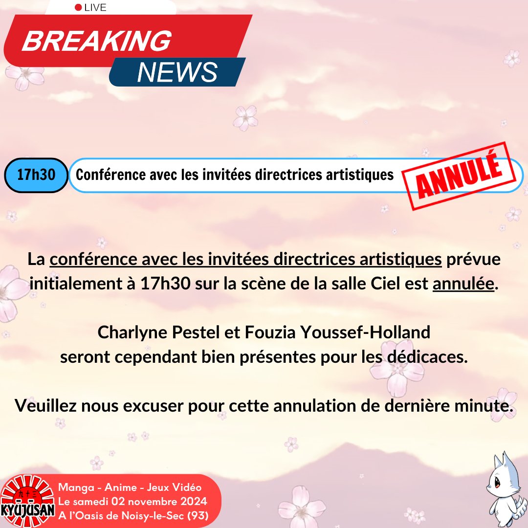 La conférence avec les invitées directrices artistiques prévue initialement à 17h30 sur la scène de la salle Ciel est annulée.

Charlyne Pestel et Fouzia Youssef-Holland
seront cependant bien présentes pour les dédicaces.

Veuillez nous excuser pour cette annulation.