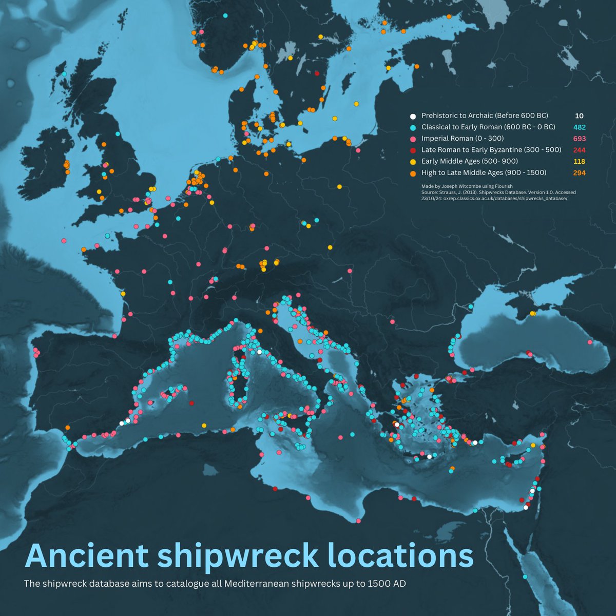 Joseph (@josephwitcombe) on Twitter photo #30DayMapChallenge Day 1: Points
I think it's amazing how many Roman shipwrecks we know about. You can see how the Roman Empire centered around the Med for trade and transport. Data from the Shipwrecks database, mapped with <a href="/f_l_o_u_r_i_s_h/">Flourish</a> #30DayMapChallenge Day 1: Points
I think it's amazing how many Roman shipwrecks we know about. You can see how the Roman Empire centered around the Med for trade and transport. Data from the Shipwrecks database, mapped with <a href="/f_l_o_u_r_i_s_h/">Flourish</a>