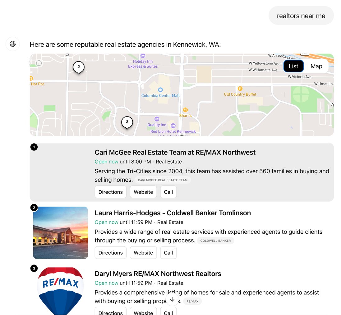 seosavvyagent's tweet photo. I've been doing real estate searches with the new ChatGPT search engine since it rolled out 24 hours ago, and the results are...interesting. 

Some searches give a map with local businesses while others just give a list -- even if there's only one letter difference in the search. https://t.co/BZxU3B9H5S