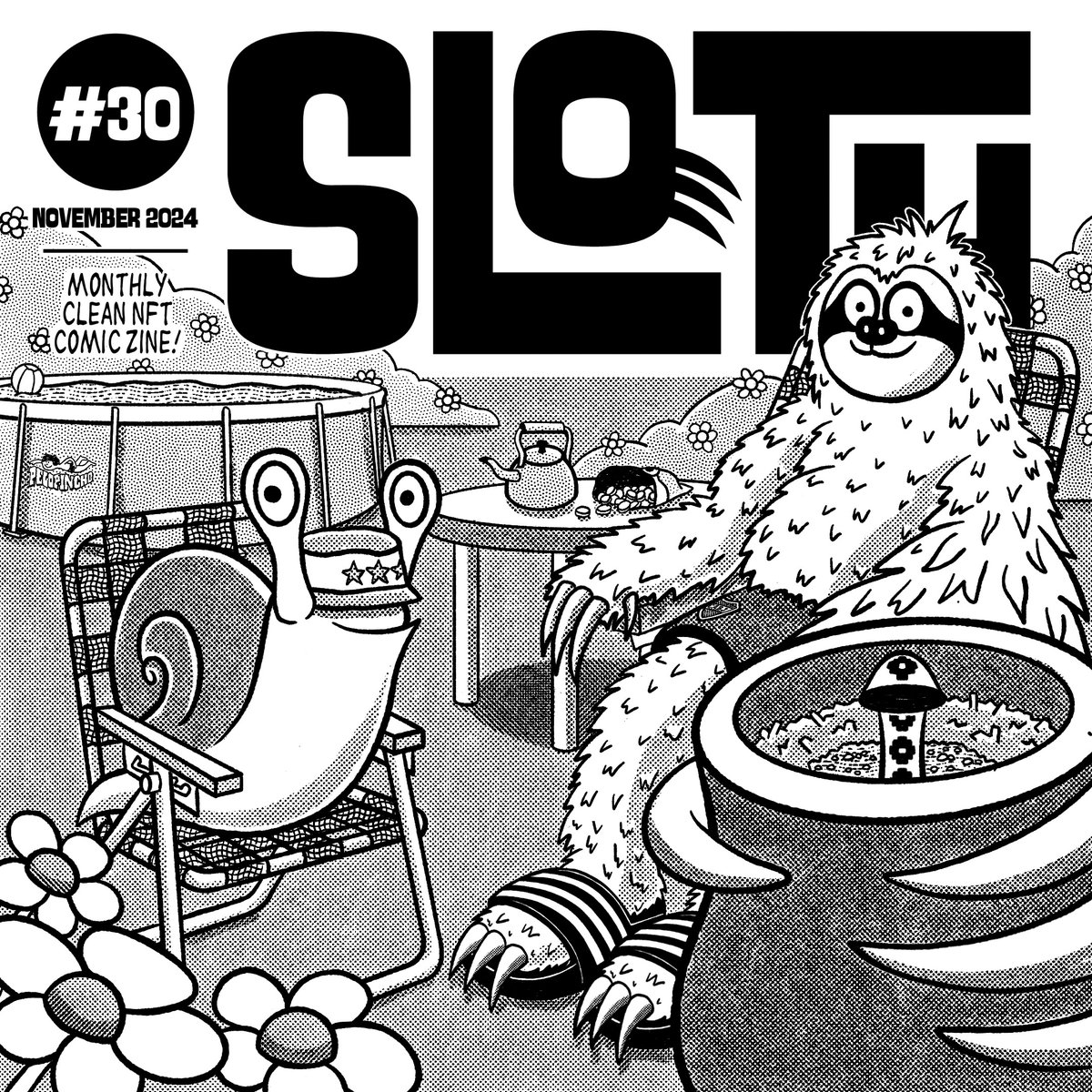 THIRTIETH ISSUE OF SLOTH IS OUT NOW!!! 🦥

Sloth #30 - November 2024
Monthly Clean NFT Comic Zine!

35 Artists, 41 pages 🔥
teia.art/objkt/860244
objkt.com/tokens/hicetnu…

Available only for 3 tez ✨
* The pdf may take time to load. 🐌

Cover illustration: <a href="/_NESVA/">NESVA</a>