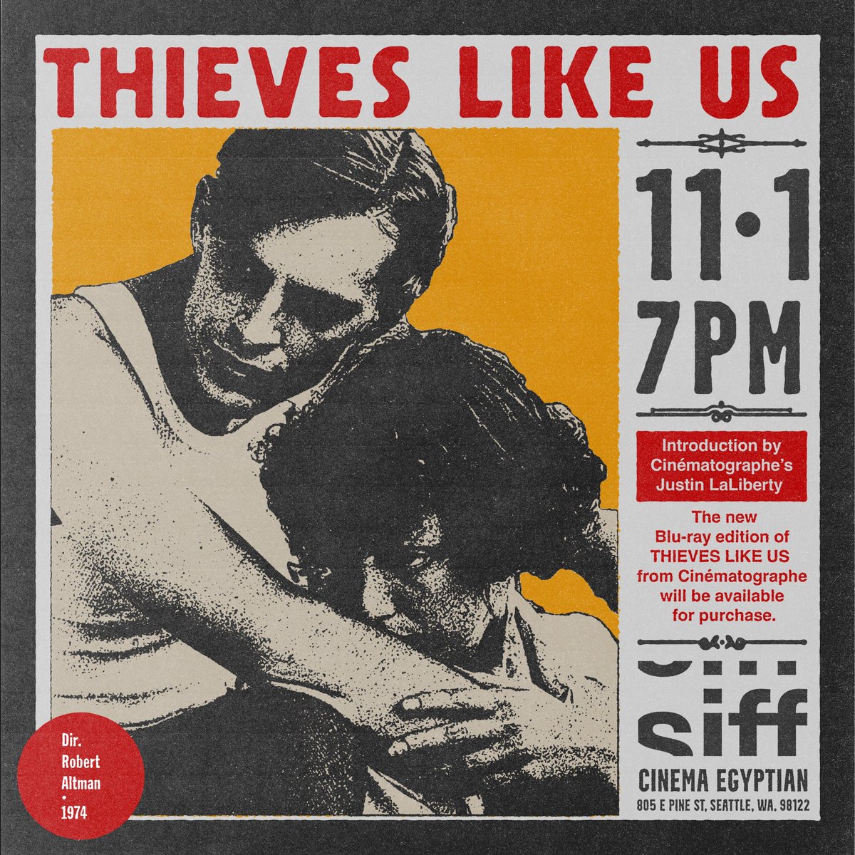 We are at @SIFFnews Egyptian tonight with our 4K restoration of THIEVES LIKE US! 

Come by early and grab some discs! We will have copies of every Cinématographe release thus far, including a few OOP limited editions of RED ROCK WEST 👀