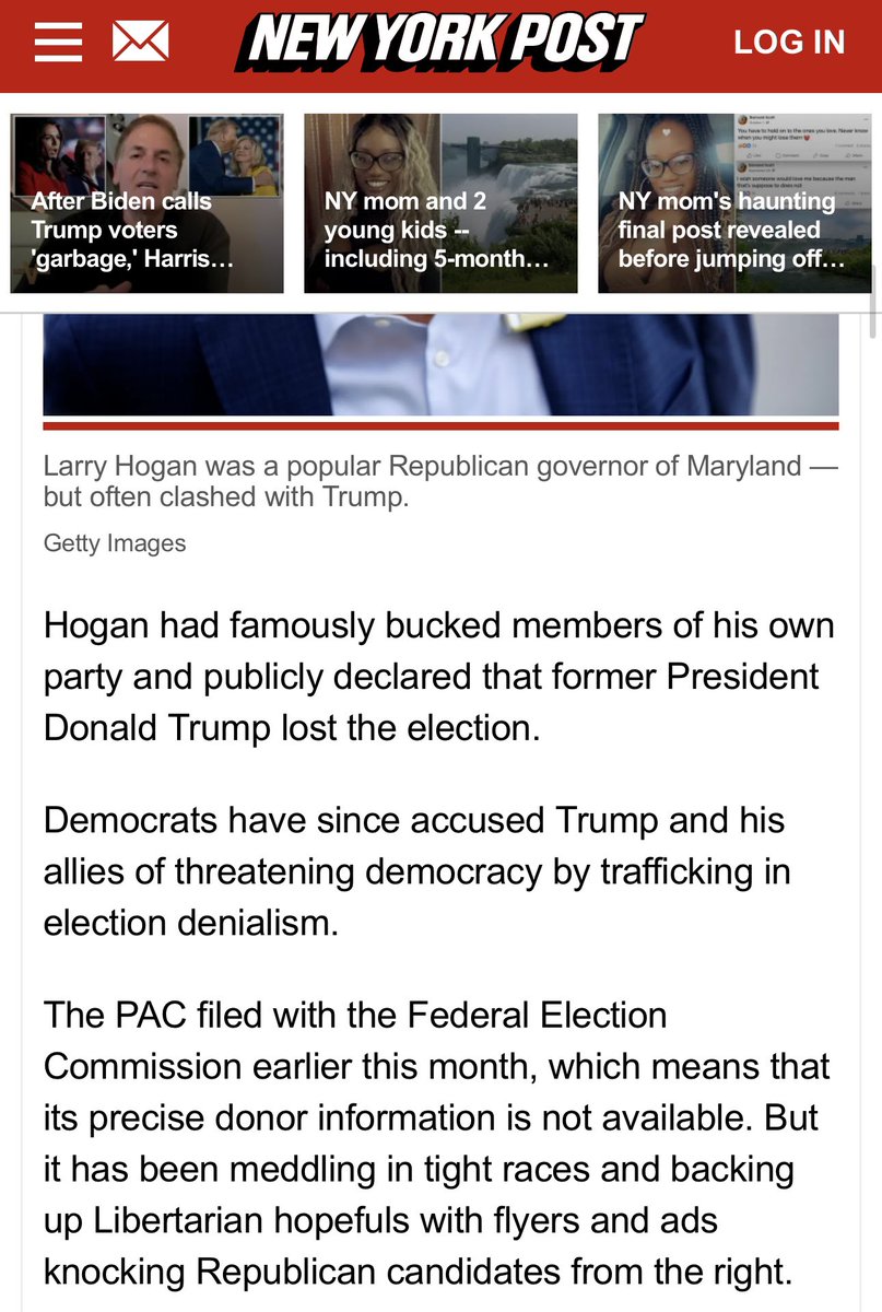 ICYMI: Mysterious Dem-aligned super Pac targets Larry Hogan for saying Biden won in 2020 

<a href="/nypost/">New York Post</a> <a href="/thatkingthing/">Ryan King</a> 
nypost.com/2024/10/30/us-…
