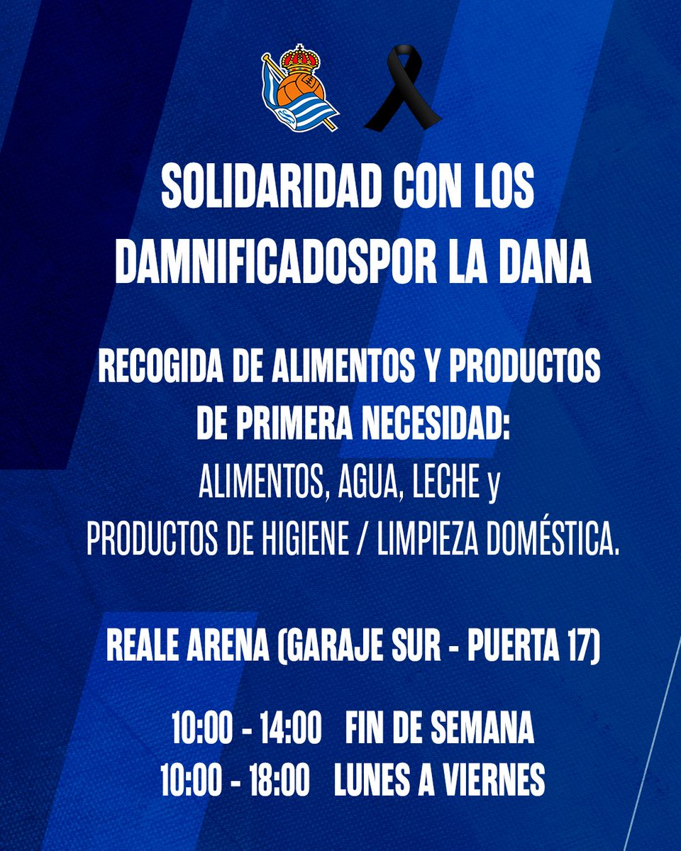 ℹ Recogida solidaria en el Reale Arena para ayudar a los damnificados por la DANA.

🏟 A partir de mañana se habilitará un punto de recogida en el Reale Arena (Garaje Sur, puerta 17).

⏰ El horario será de 10:00 a 14:00 horas el fin de semana y de 10:00 a 18:00 de lunes a
