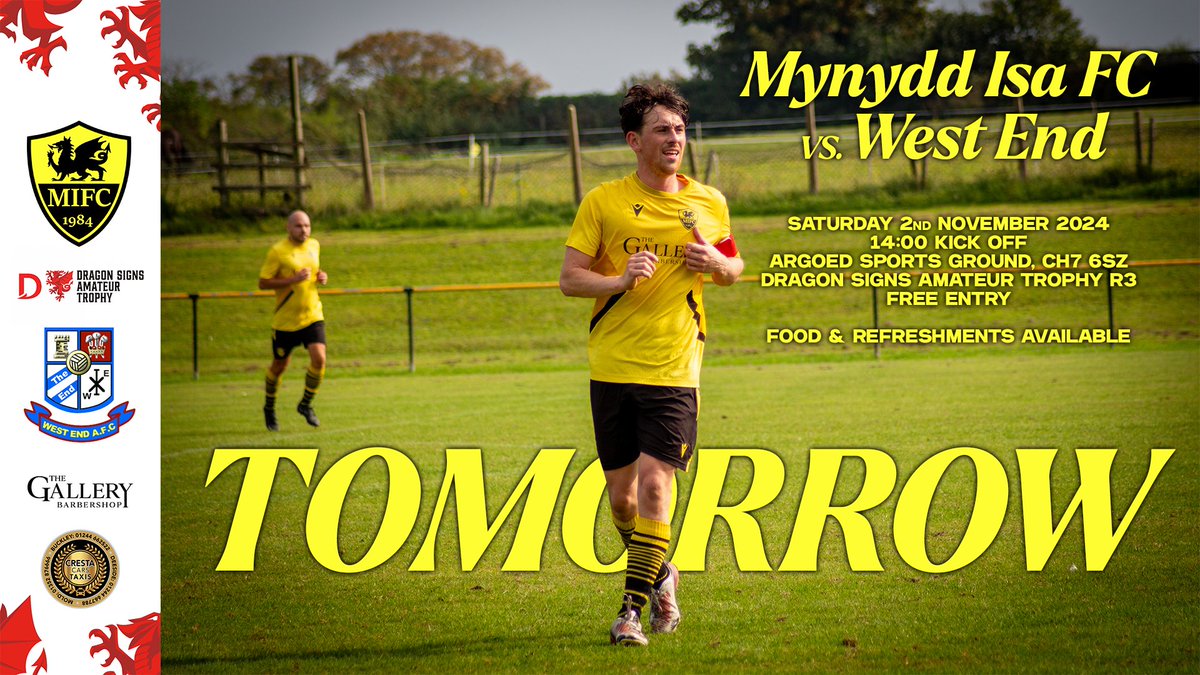 TOMORROW 👇

We welcome <a href="/westend_afc/">WestendAFC</a> from Swansea to the Argoed for a last 16 (third round) cup tie in the Dragon Signs Amateur Trophy! The hatch &amp; Argoed Social Club are open for all of your food &amp; refreshment needs. Free entry, cup football - what's not to love? #uptheisa 🟡⚫