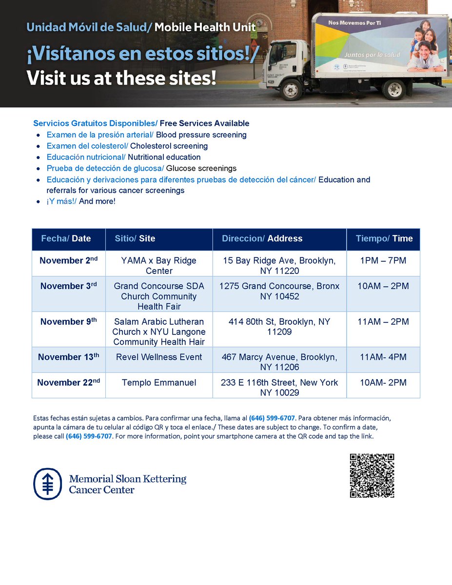 MSKCC Immigrant Health & Cancer Disparities Center (@mskihcd) on Twitter photo <a href="/mskihcd/">MSKCC Immigrant Health & Cancer Disparities Center</a>'s Mobile Health Unit (MHU) continues to provide free essential health services to the communities that need them the most. Here is the November schedule for the MHU, listing all of the locations/times we will be hosting health fairs. <a href="/mskihcd/">MSKCC Immigrant Health & Cancer Disparities Center</a>'s Mobile Health Unit (MHU) continues to provide free essential health services to the communities that need them the most. Here is the November schedule for the MHU, listing all of the locations/times we will be hosting health fairs.