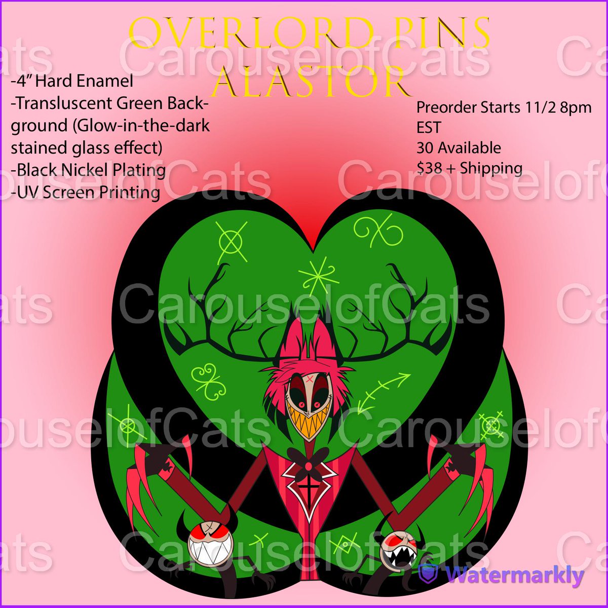 Soft reminder that tmrw I'm dropping Overlord Pin Series 2/7- Alastor!

11/2 at 8pm EST on my 3tsy!

👻Glow-in-the-dark stained glass effect (had to adjust the $ a TAD) 👻

I'll also have a surprise character! 🤭

#alastor #hazbinhotelalastor #enamelpin #hellishmerch #hazbinhotel