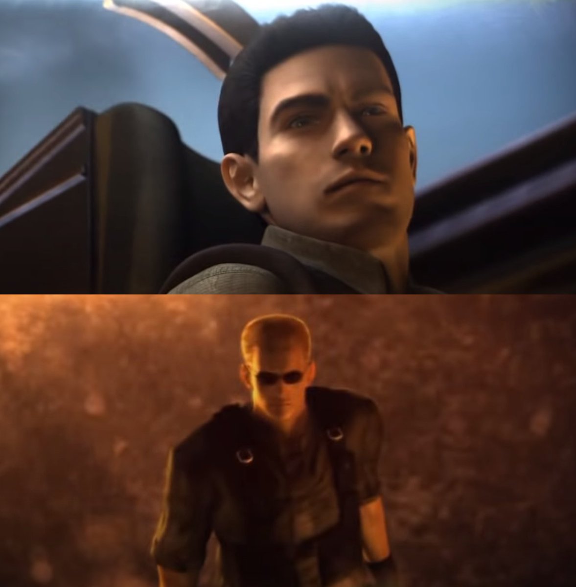 A mutual on Tumblr brought this parallel to my attention and now I can't  stop crying.... What is it with Chris looking down on Wesker and now Jake  with flames around them..., image size:1177x1200