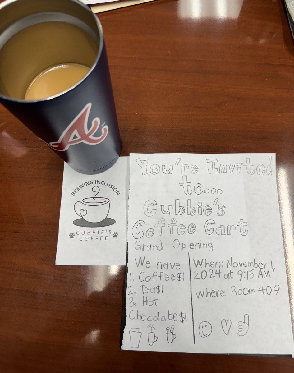 gentrys01's tweet photo. My coffee this morning was especially tasty as it was prepared by the distinguished brewers of Cubbie’s Coffee. This talented group of @fssdfes students and their teacher are “brewing inclusion.” Ms. Farley’s students were fantastic order takers, baristas, and runners! https://t.co/k6WDSft857