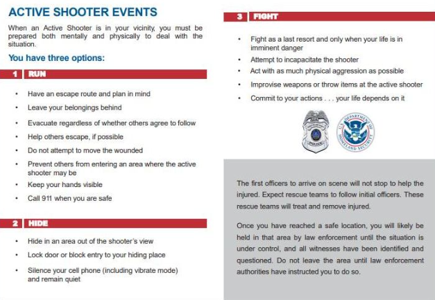 PWCPolice's tweet photo. Active violence can happen anywhere. If you are in or near an #ActiveViolence event, be as prepared as possible to increase chances of #survival. RUN & evacuate the area & escape. HIDE or barricade yourself in a safe spot. If your life is in danger: FIGHT! #CrimePrevention #PWCPD https://t.co/qXa3b33neB
