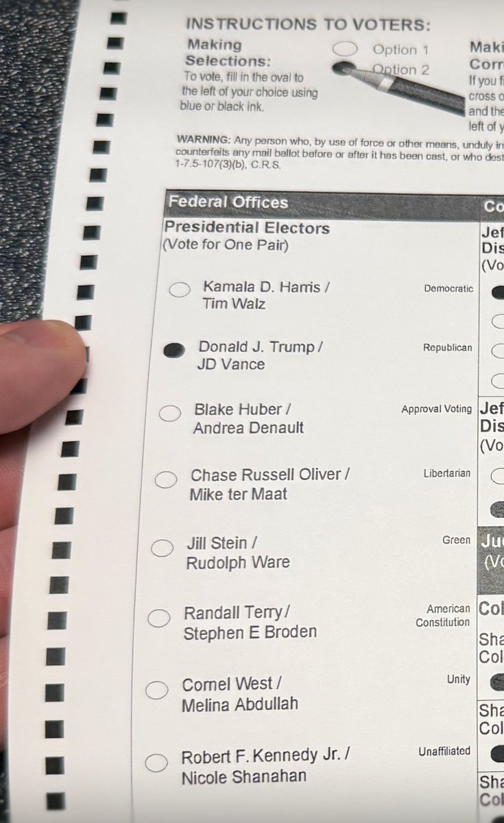 Voted Trump/Vance today!  Hopefully Colorado will actually count it 🇺🇸