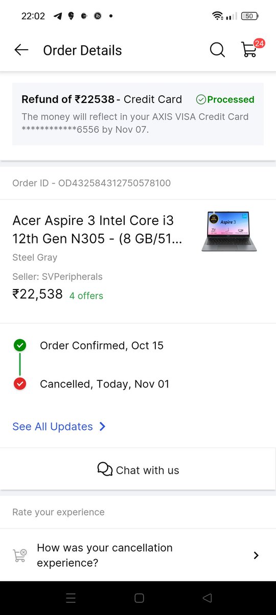 unifyingcongres's tweet photo. laptop order placed on October 15, 2023, which was automatically cancelled by Flipkart without notification. I paid using my credit card, and the cancellation has caused me inconvenience and disappointment as I was looking forward to the purchase at the discounted price. https://t.co/Yogaxi5hgj