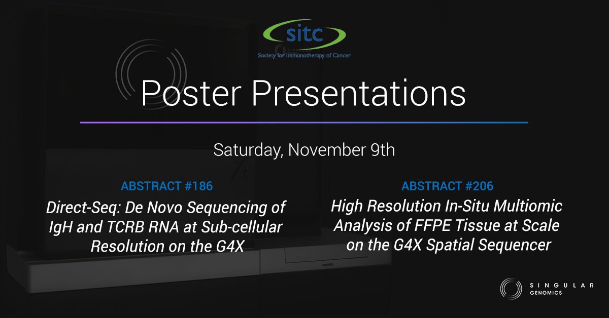 SingularGenomic's tweet image. We are thrilled to introduce 2 posters next week at #SITC2024 showcasing the latest data generated on the G4X. The posters will be presented on Saturday November 9th and will highlight the novel Direct-Seq technology and the G4X&apos;s high-resolution in situ multiomic capabilities.