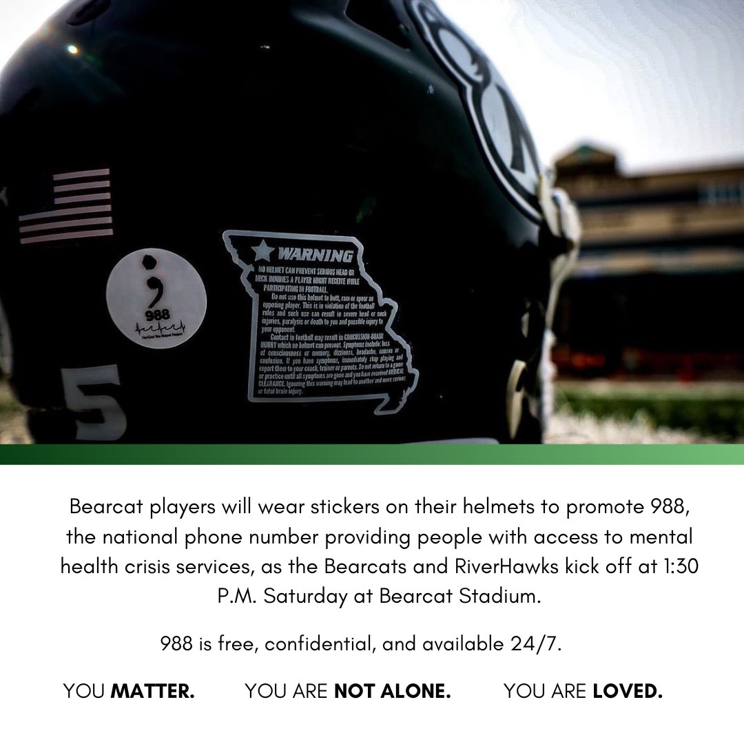 NW_Wellness's tweet photo. Tomorrow, the Bearcats take to the field with a new addition to their helmets. Their 988 stickers promote the national mental health crisis hotline. This service is free, confidential, and available 24/7. 

We can’t wait for you to see them! 

@NWBearcat_FB @NWMOSTATE https://t.co/ErAYttFaUw