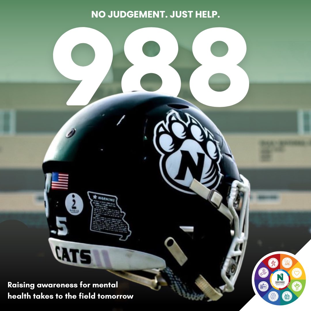 NW_Wellness's tweet photo. Tomorrow, the Bearcats take to the field with a new addition to their helmets. Their 988 stickers promote the national mental health crisis hotline. This service is free, confidential, and available 24/7. 

We can’t wait for you to see them! 

@NWBearcat_FB @NWMOSTATE https://t.co/ErAYttFaUw