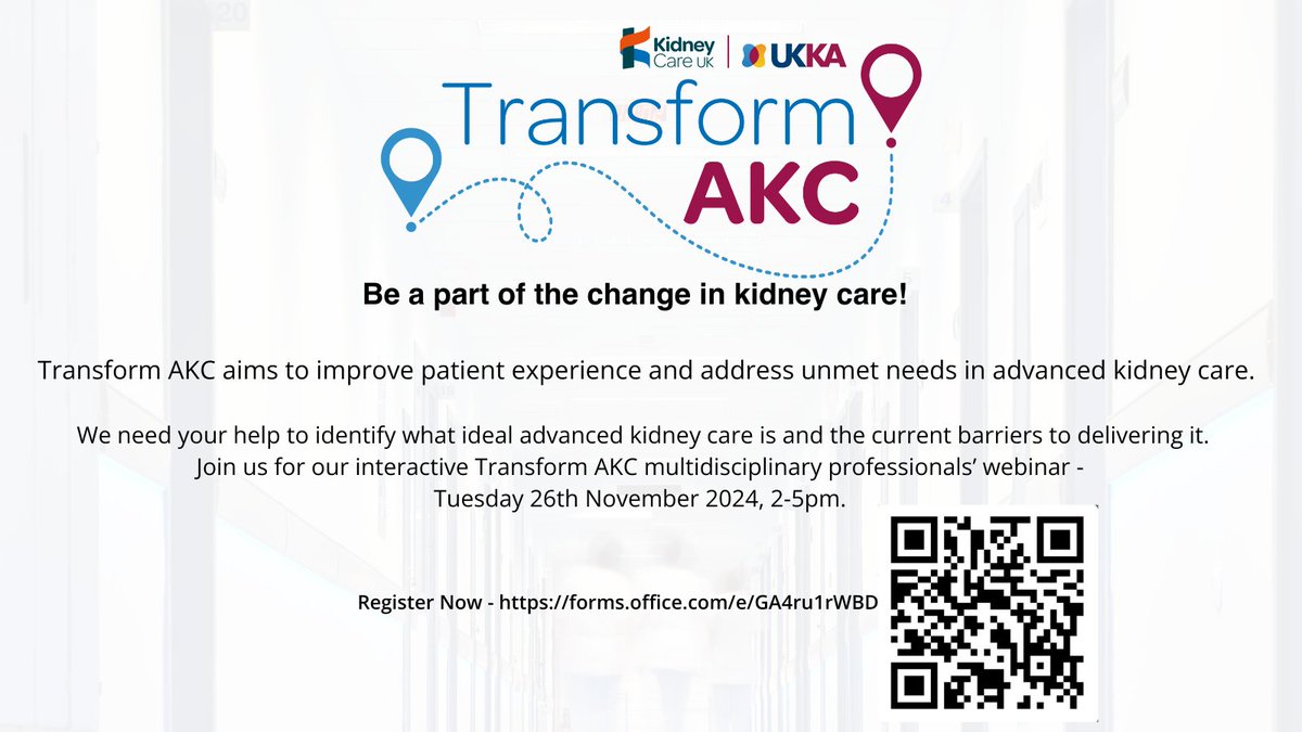 Help shape the future of advanced kidney care!

<a href="/ThinkKidneys/">Kidney Quality Improvement Partnership</a> invites healthcare experts to the interactive Transform AKC Multidisciplinary Professionals’ webinar to discuss patient-identified needs, define ideal care &amp; address barriers.

📅 26 November
🔗 forms.office.com/e/GA4ru1rWBD