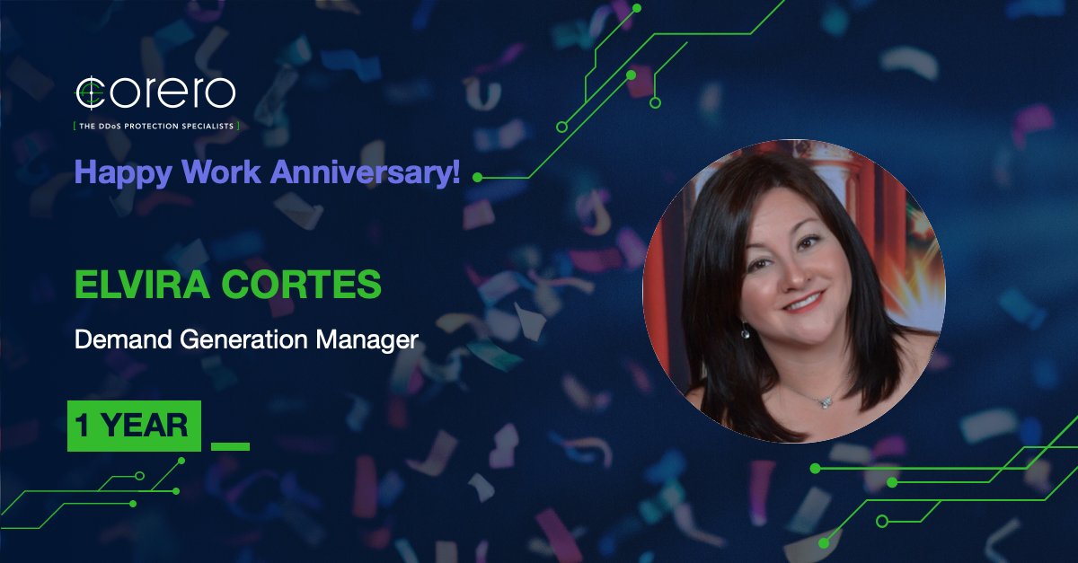 Corero's tweet photo. Cheers to Elvira Cortes on her 1-year anniversary with Corero! Your dedication and passion make all the difference—thank you for all you do!
#workanniversary #Corero #CNS https://t.co/hWQGMKvUiR