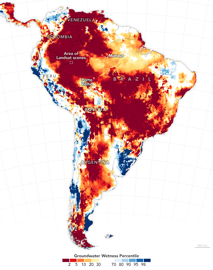 Insufficient rainfall in 2023-2024 has taken a toll on vast areas of South America. 

GRACE-FO data shows shallow groundwater storage for the week of Oct. 7, compared to long-term records. Blue areas have more water than usual, and orange and red areas have less.