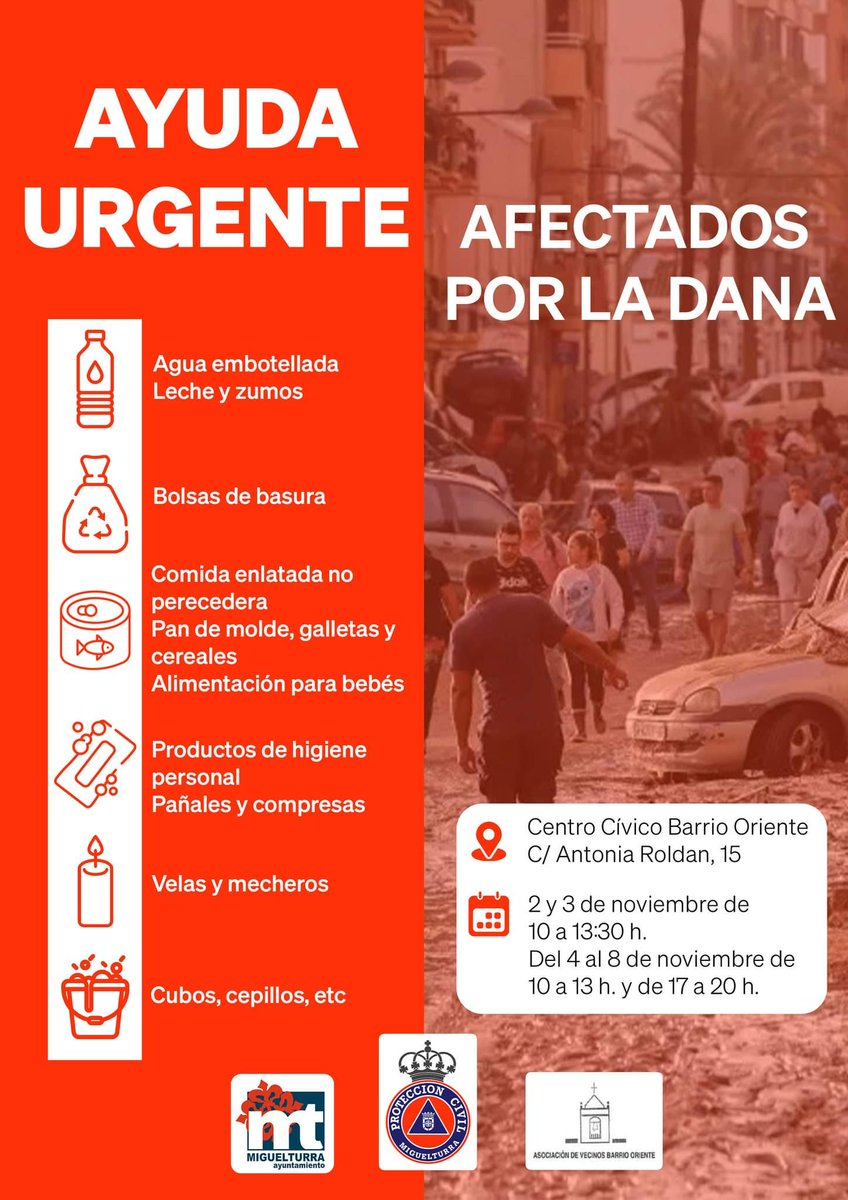 𝗚𝗘𝗡𝗧𝗘 𝗗𝗘 𝗖𝗜𝗨𝗗𝗔𝗗 𝗥𝗘𝗔𝗟 𝗬 𝗔𝗟𝗥𝗘𝗗𝗘𝗗𝗢𝗥𝗘𝗦 ‼️‼️

CIUDAD REAL. Centro Social Juan de Ávila. 2 y 3 de noviembre todo el día.

MIGUELTURRA. Centro Cívico Barrio de Oriente. 2 y 3 por la mañana, 4 al 8 todo el día.

¡DIFUSIÓN! 

#INUNDACIÓN #DANA #VALENCIA #AYUDA