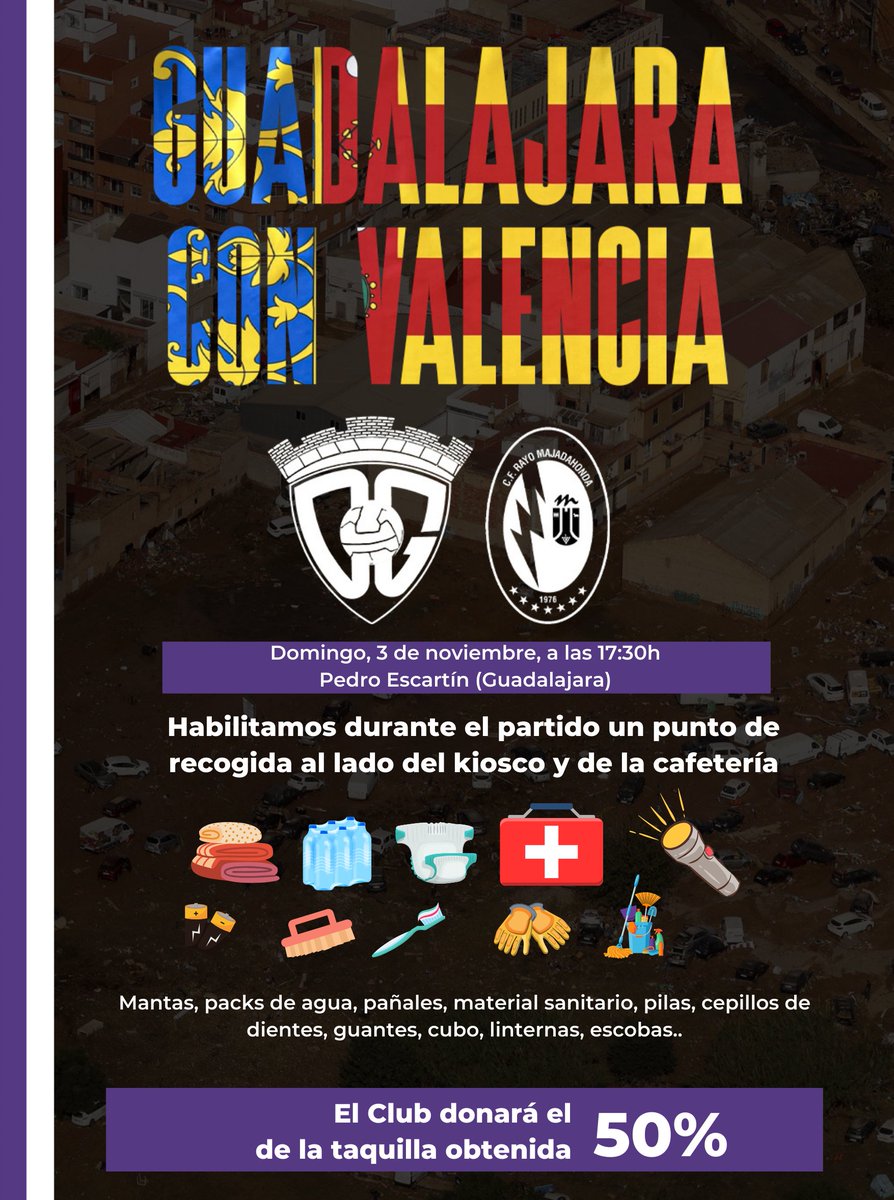 🔴 URGENTE | El C.D. Guadalajara acaba de mandar un mail a todos los abonados informando que se abrirá un punto de recogida durante el partido del domingo para ayudar a todas las personas de Valencia damnificadas por la DANA.❤️‍🩹

Comparte el tweet y manda esta imagen a aquellas