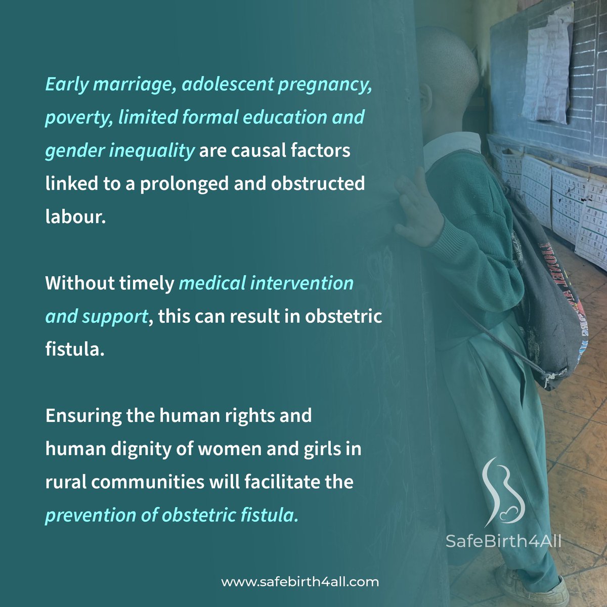 Early marriage, adolescent pregnancy, poverty, limited formal education and gender inequality are causal factors linked to a prolonged and obstructed labour. 

Without timely medical intervention and support, this can result in obstetric fistula.

 #fistula #fistulatreatment