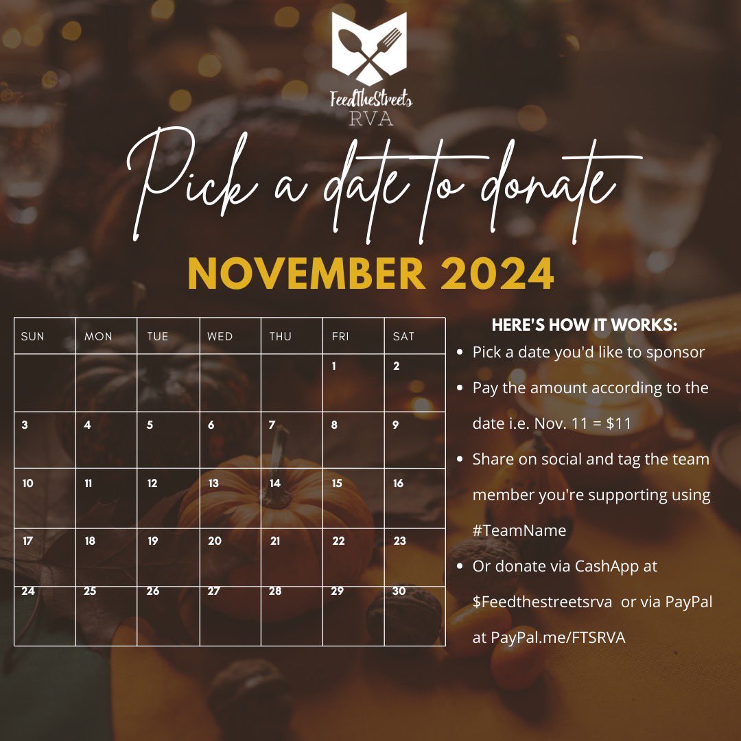 Pick a date and donate. All donations will go towards holiday meals for those in need.