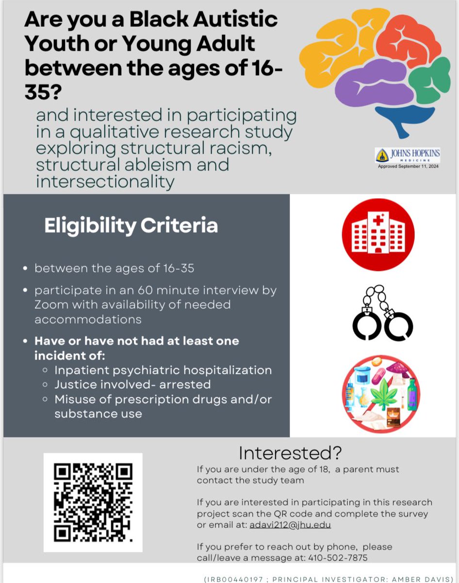 NeuroDivMFT's tweet photo. Please help our research friends at Johns Hopkins with their study below: Scan the QR code  or email adavi212@jhu.edu
@AmberdPhd 
#Autistic #Research #neurodivergent #survey #free #interview #MedFT #johnshopkins  #racism #ableism #justice #AutismAwareness #livedexperiences https://t.co/FZ3xM8oNQm