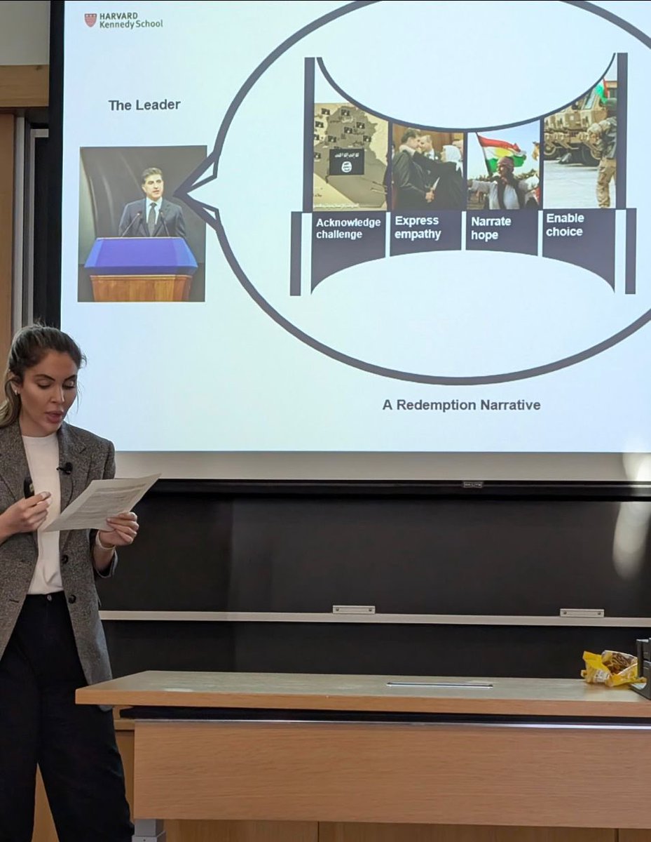 Sara_S_Mustafa's tweet photo. Marshall Ganz’s Public Narrative course at Harvard is a transformative program that equips leaders with the skills to use narrative for impactful leadership. Today, we analyzed the narratives of former U.S. President George W. Bush and His Excellency @IKRPresident during difficult times. President Barzani’s mastery of redemption narratives, his recognition of crises, and his unique ability to build an empathetic connection—across ethnic and religious differences—truly stand out and are inspirational. His approach not only connects the past, present, and future but also fosters unity and emotional resilience.

#HKS #Leadership #PublicNarrative