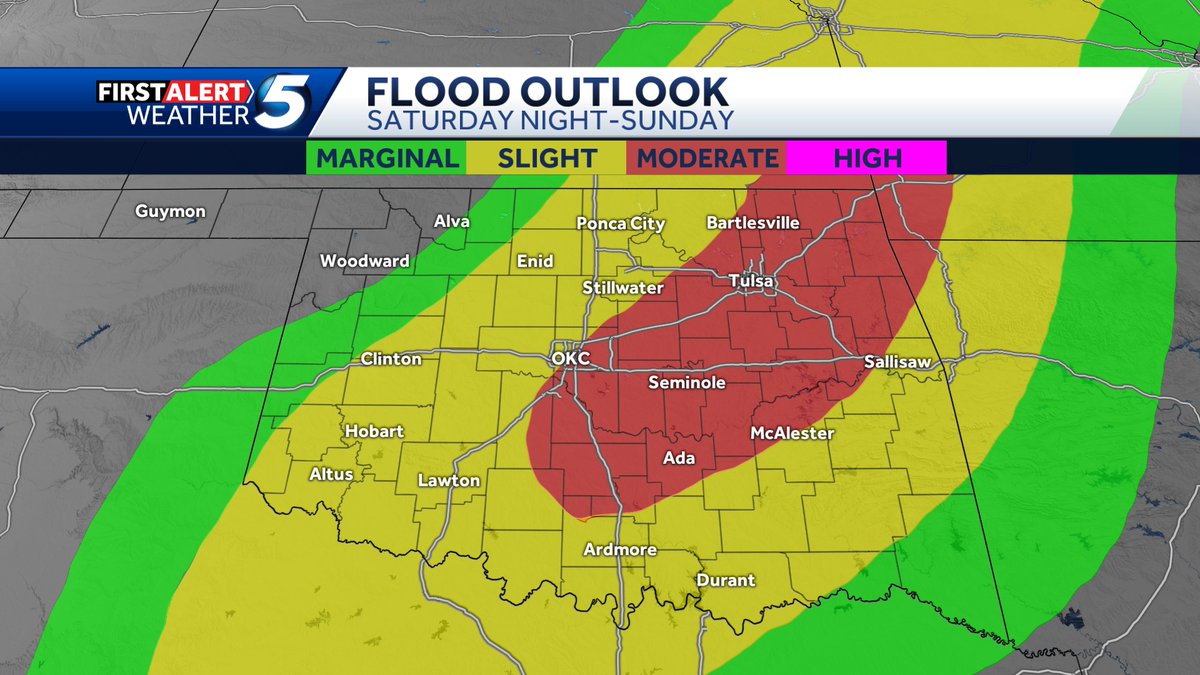 KOCOMichael's tweet image. In addition to damaging winds, hail, and a tornado risk this weekend, the flood danger is growing starting Saturday evening. There are indications that some areas along I-44 could pick up over 6-8&quot; of rain in spots with more Monday. This is a messy setup - stay aware
#okwx #koco5