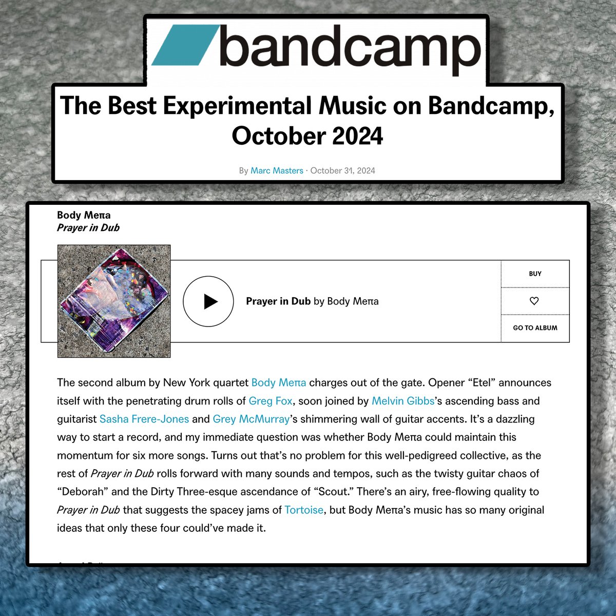 🦾 Body Meπa - 𝙋𝙧𝙖𝙮𝙚𝙧 𝙞𝙣 𝘿𝙪𝙗 - featured in <a href="/Bandcamp/">bandcamp</a>'s Best Experimental Music of the month c/o @Marcissist alongside other new releases we love from Matchess and Alma Laprida

𝙋𝙧𝙖𝙮𝙚𝙧 𝙞𝙣 𝘿𝙪𝙗 is out now on LP/CD/dig on Bandcamp! Thanks for the support y'all!