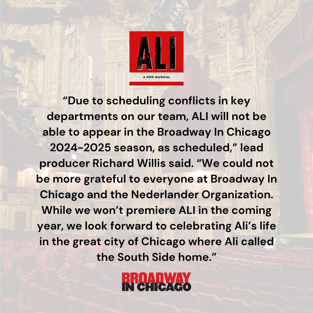 Due to scheduling conflicts, ALI has cancelled its upcoming engagement in Chicago. Subscribers and groups have been contacted via email with details. If patrons have additional questions, please contact CustomerService@BroadwayInChicago.com.