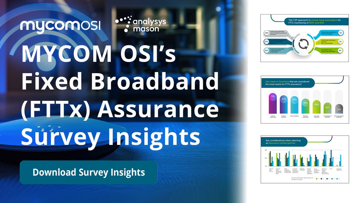 MYCOM OSI is delighted to share the results of an FTTx Assurance survey. The survey by MYCOM OSI and Analysys Mason covered 50 Tier-1 CSPs from across the globe. Download here: bit.ly/4hnJlT7