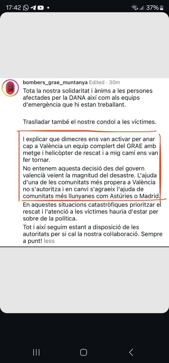 Patria_En_Alza's tweet photo. Básicamente, traducido dice que el miércoles un equipo completo de bomberos del GRAE, con médico y helicóptero de rescate se encaminó desde Cataluña a Valencia. Y a medio camino, les hicieron volver. 

Esta cuenta ha editado el post por presión política.
QUE ARDAN LAS CALLES🤬🔥 https://t.co/cOBQX7dvEe