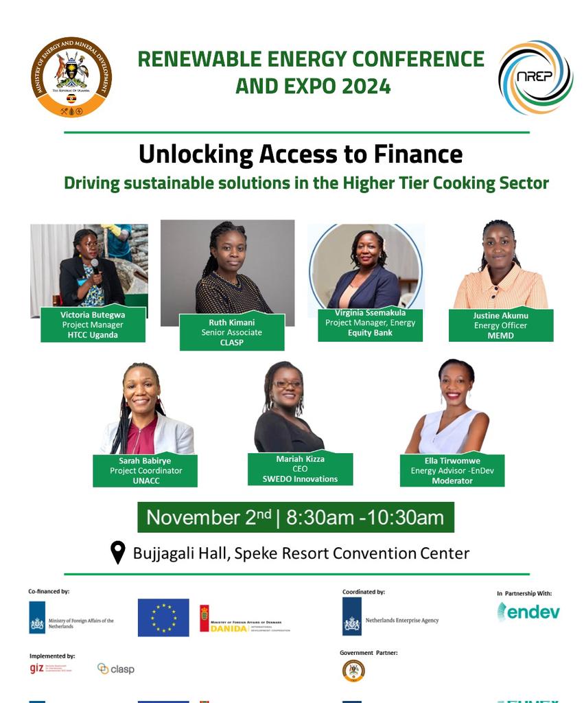 <a href="/KizzaMariah/">Mariah Kizza</a> will be speaking at the #REC24 &amp; EXPO 2024
Topic: Unlocking access to finance,
Driving sustainable solutions in the higher tier cooking sector.
#All women panel
<a href="/giz_uganda/">GIZ Uganda</a>
<a href="/EUinUG/">EU in Uganda</a>
<a href="/NLinUganda/">Embassy of the Netherlands in Uganda</a>
<a href="/DanishMFA/">Denmark MFA 🇩🇰</a>
<a href="/NREP_Uganda/">National Renewable Energy Platform (NREP) 🇺🇬</a>
@CLASPappliances
<a href="/mofpedU/">Ministry of Finance</a>
#ENDEV
<a href="/WomenClimate1/">Women In Climate Change</a>