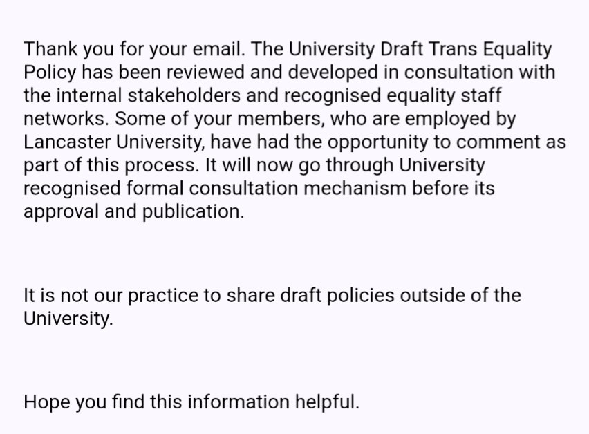AFAFNWE's tweet photo. We just received this email regarding @LancasterUni draft Trans Equality policy. https://t.co/olwHs4TAl1
